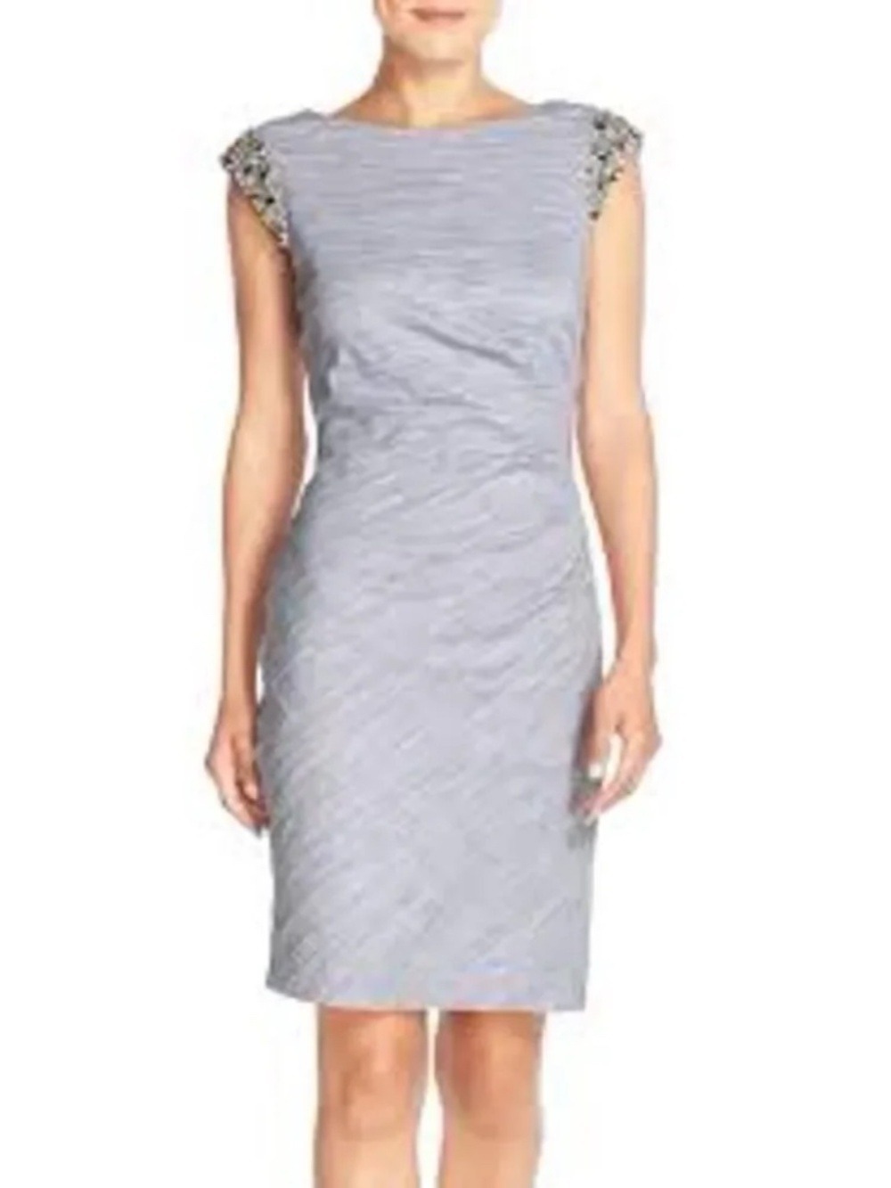 Eliza J.Embellished Taffeta Sheath Dress Side Ruching Jewels Silver Size 8